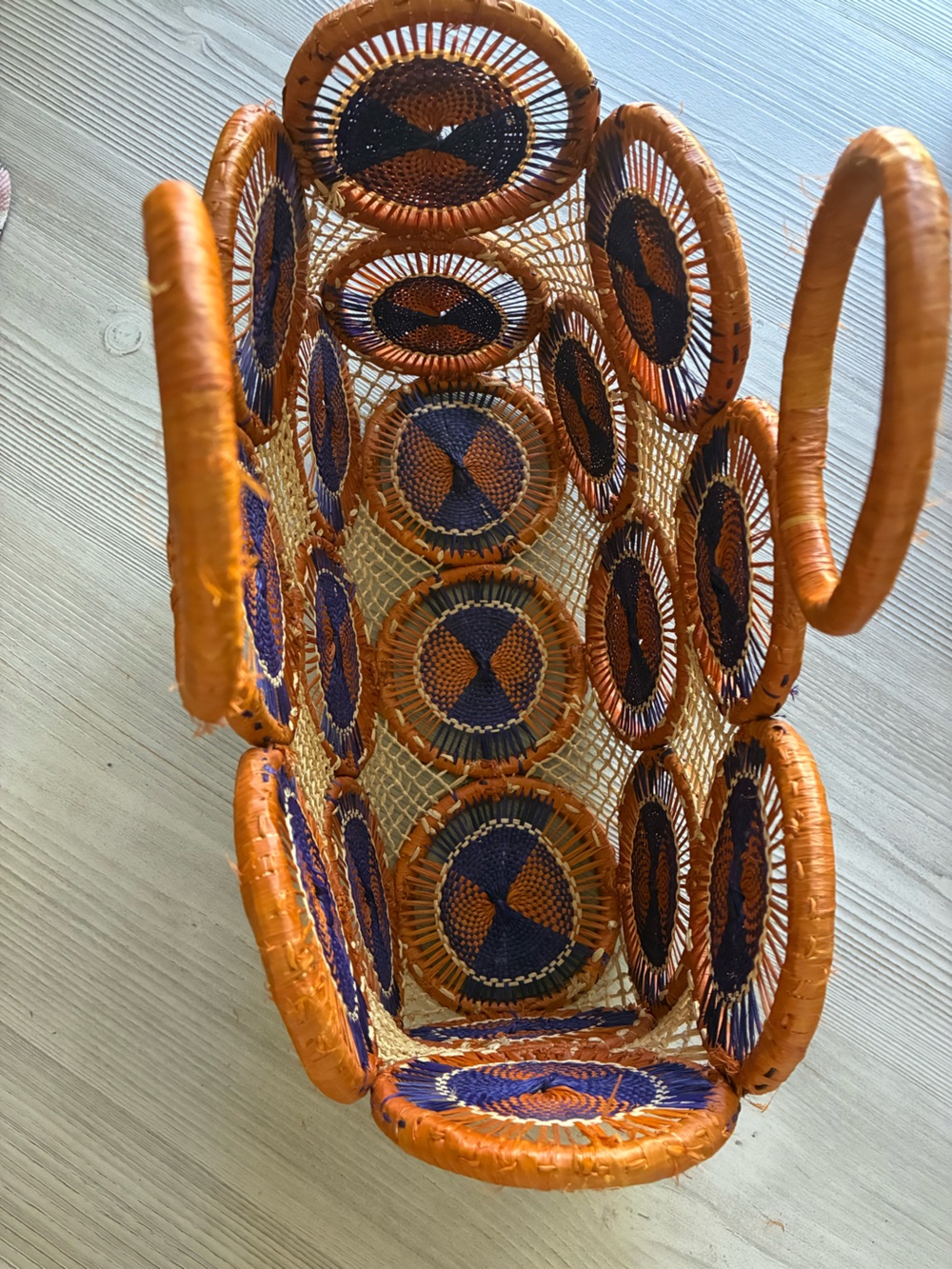 Handwoven Blueish Purple and Orange Rafia Loop Market Bag - Picture 4 of 5